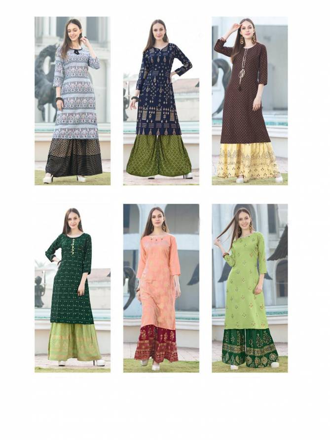 Rimzim 1 Latest Fancy Designer Ethnic Wear Rayon Foil Printed Kurtis With Palazzo Collection
